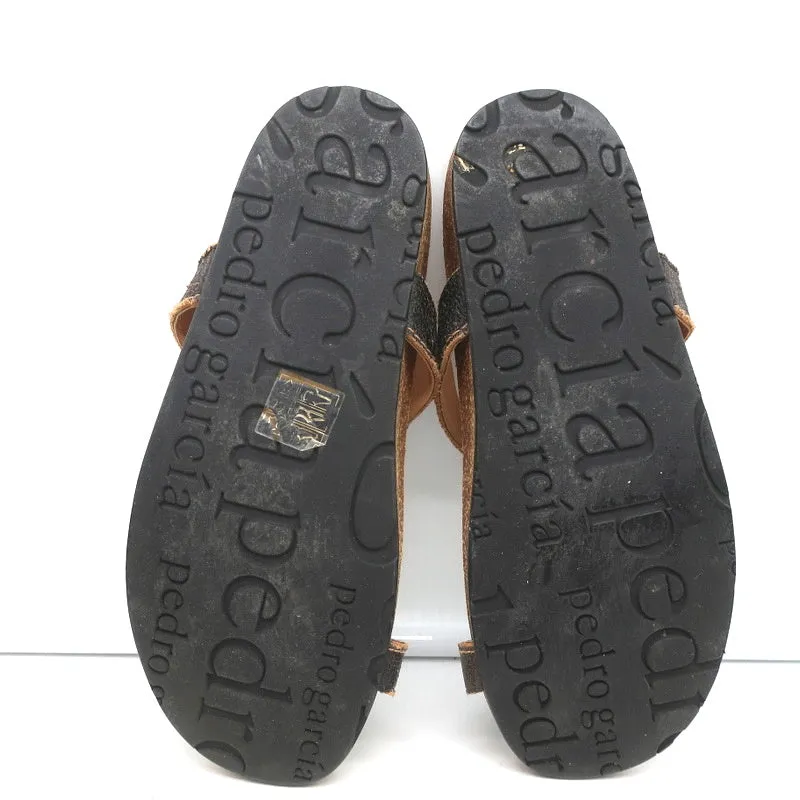 Pedro Garcia Crystal T-Strap Sandals Dark Brown Leather Size 37 Toe Ring Slides