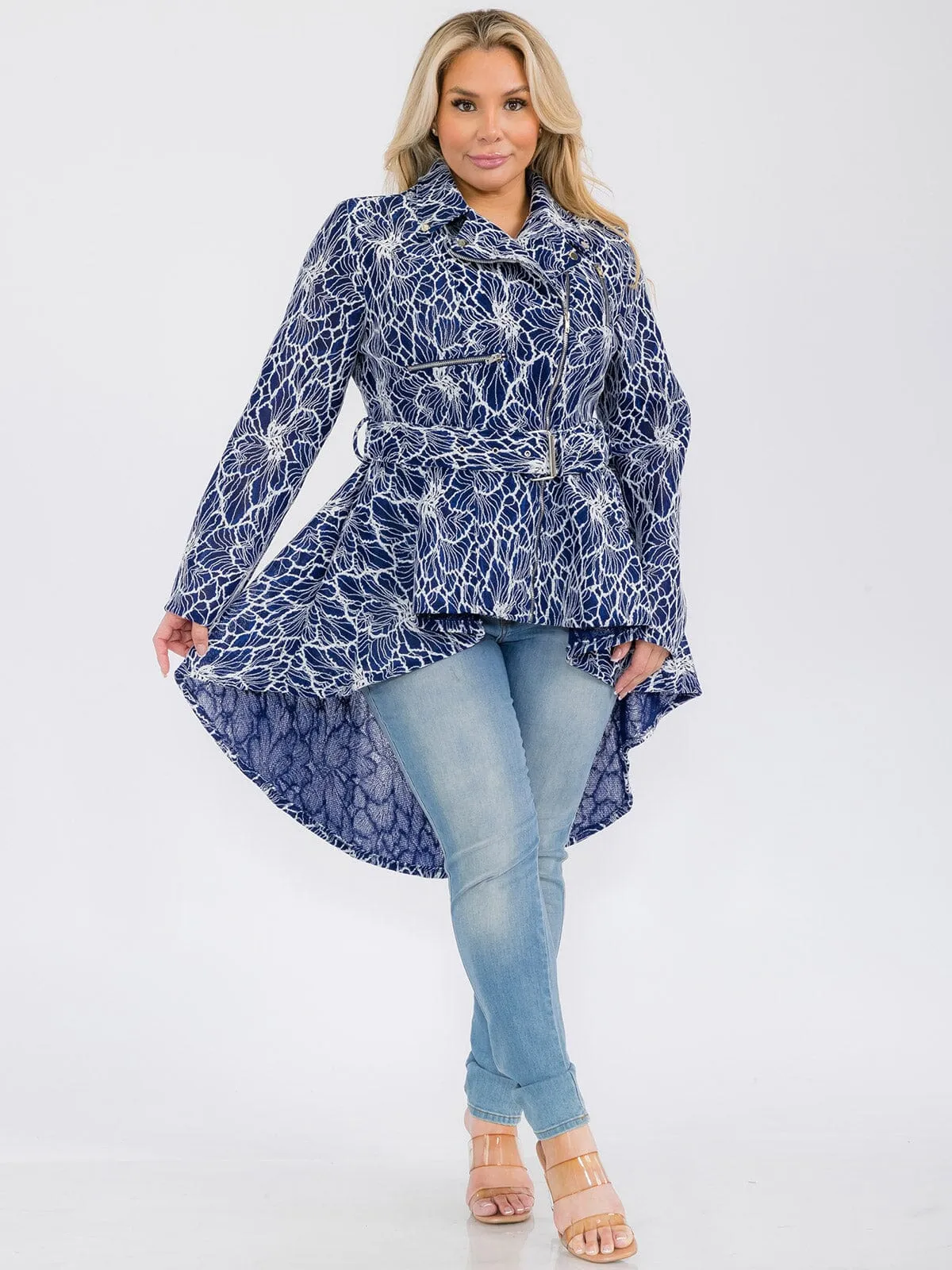 PLUS SIZE LONG SLEEVE ZIP UP HIGH-LOW BELTED JACKET