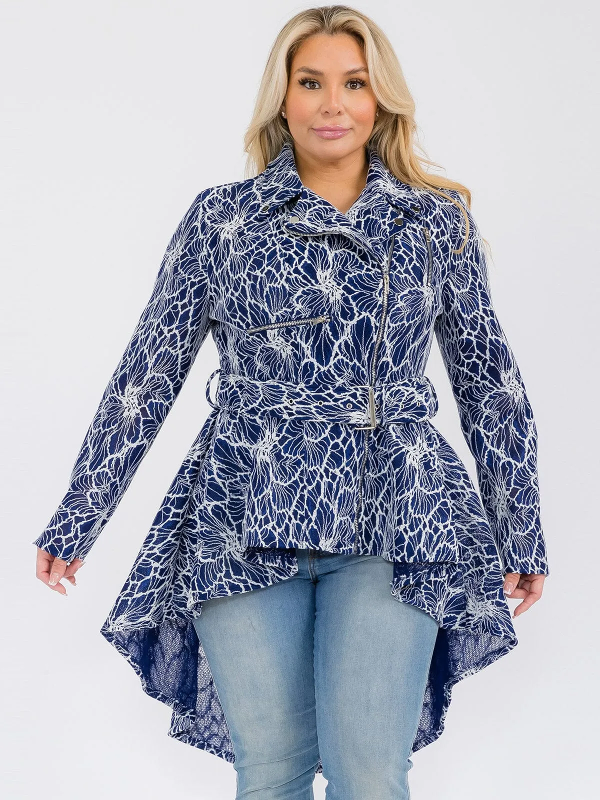 PLUS SIZE LONG SLEEVE ZIP UP HIGH-LOW BELTED JACKET