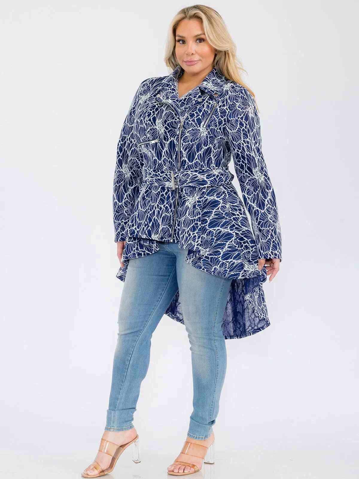 PLUS SIZE LONG SLEEVE ZIP UP HIGH-LOW BELTED JACKET