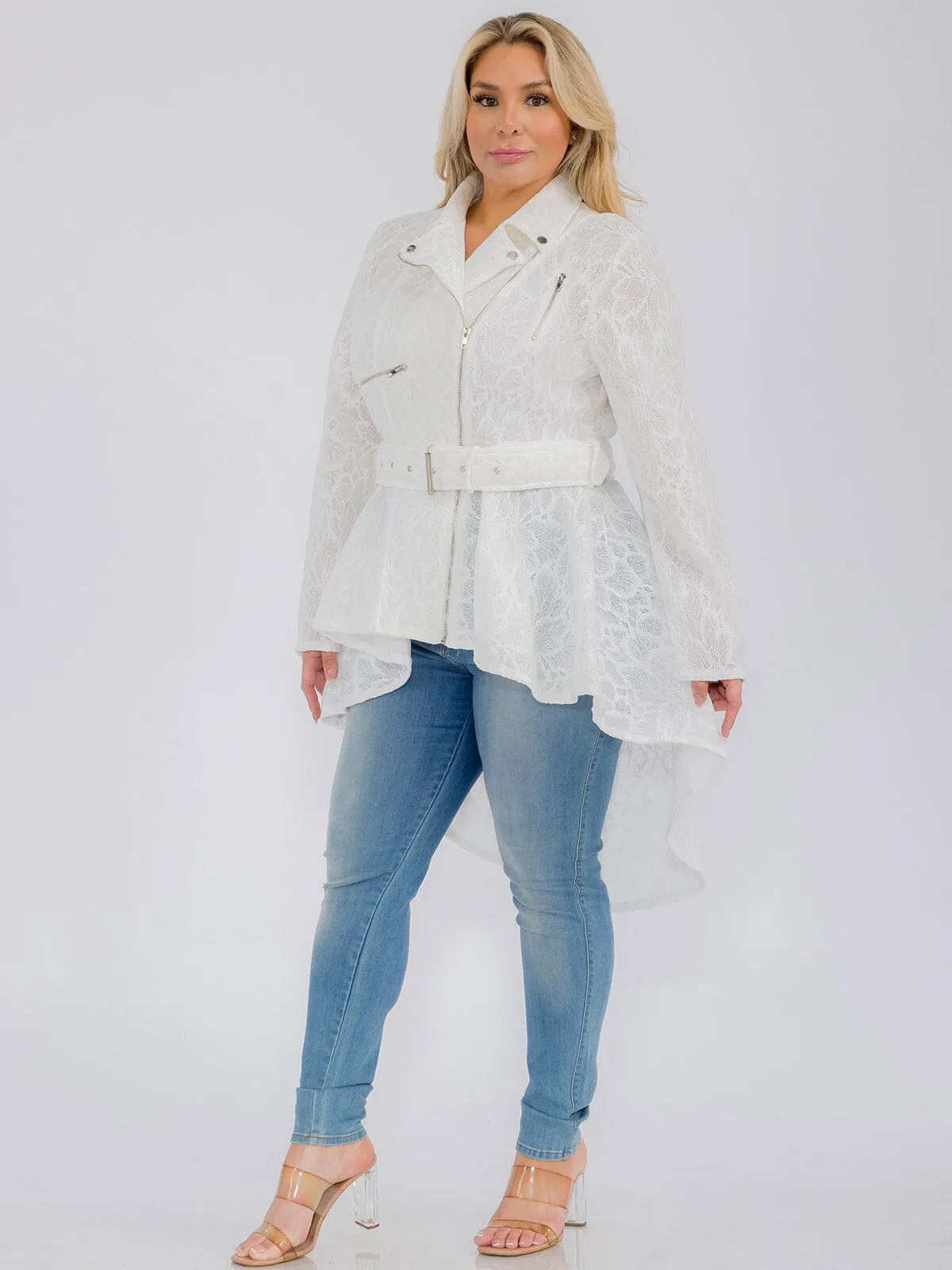 PLUS SIZE LONG SLEEVE ZIP UP HIGH-LOW BELTED JACKET