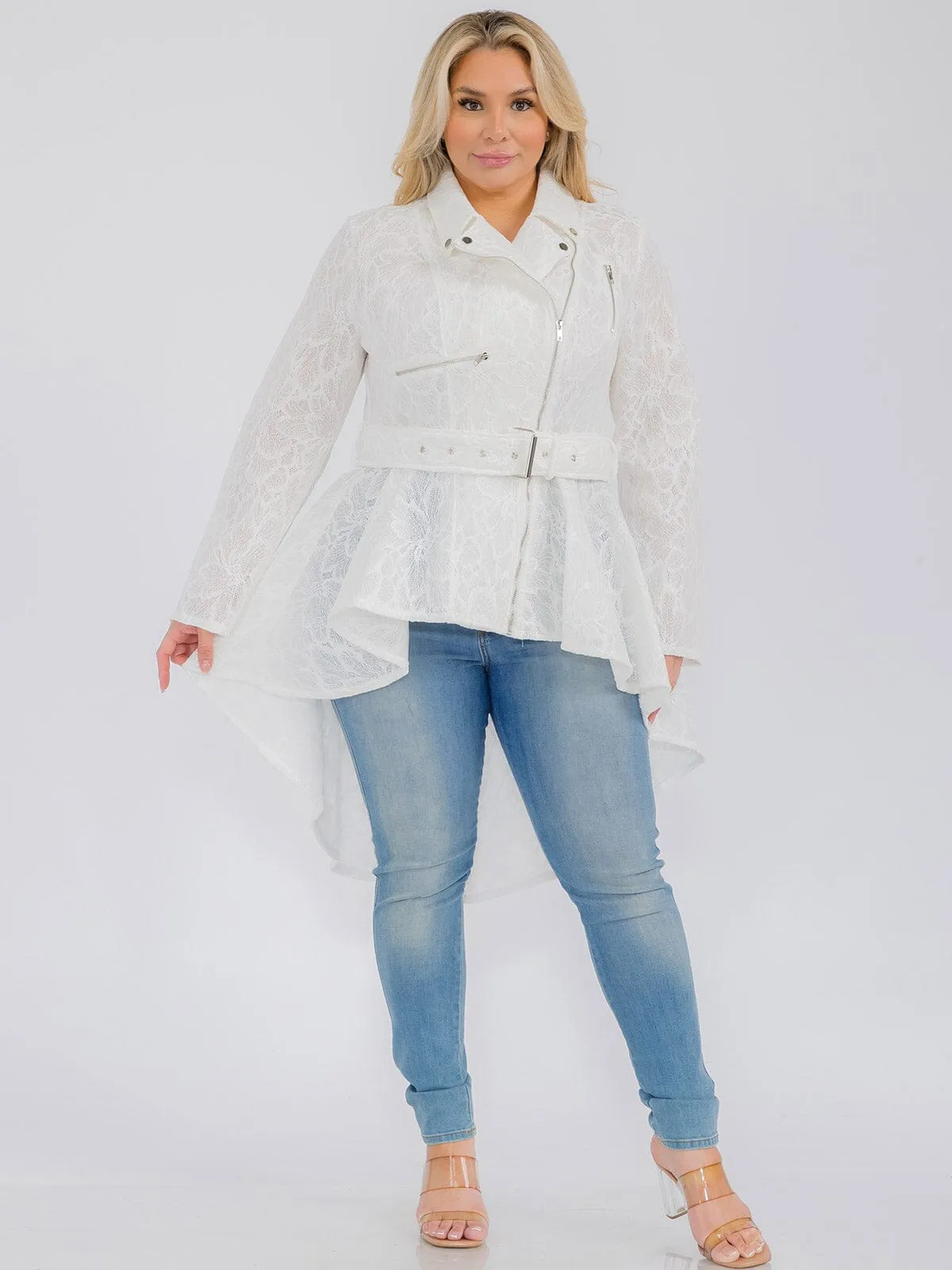 PLUS SIZE LONG SLEEVE ZIP UP HIGH-LOW BELTED JACKET