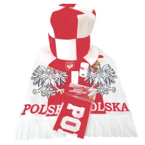 Polska Poland White and Red Soccer Fan Accessory Set (Scarf, Checkered Hat, Inflatable Sticks, Face Paint Stick)