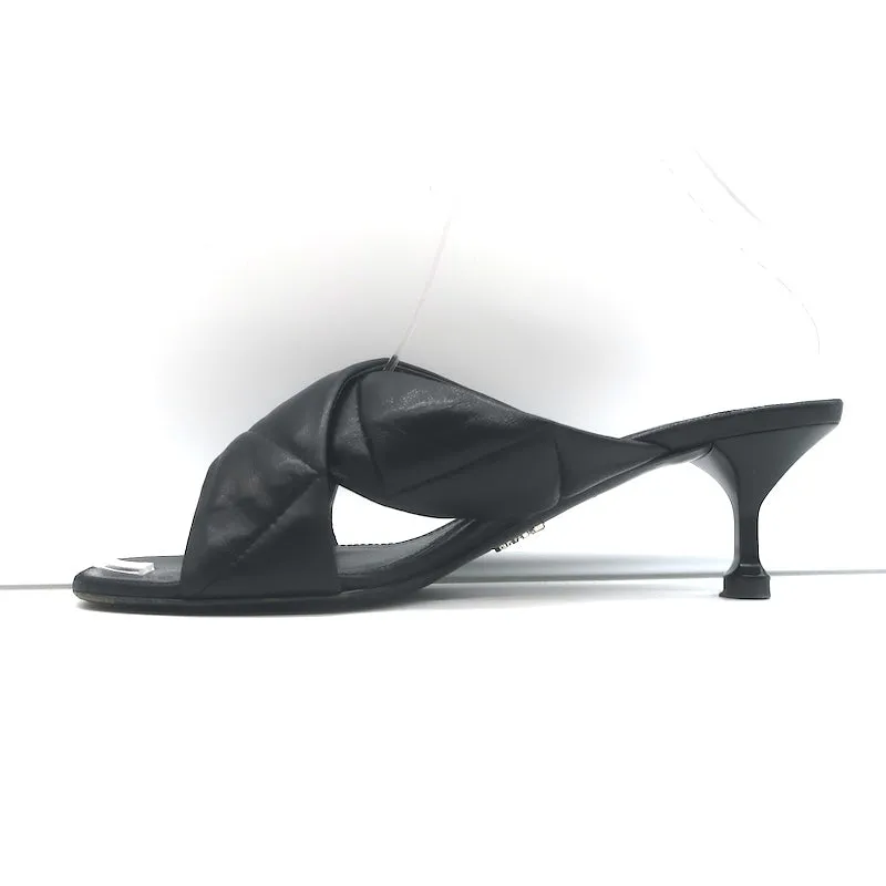 Prada Quilted Leather Mules Black Size 37 Kitten Heel Slide Sandals