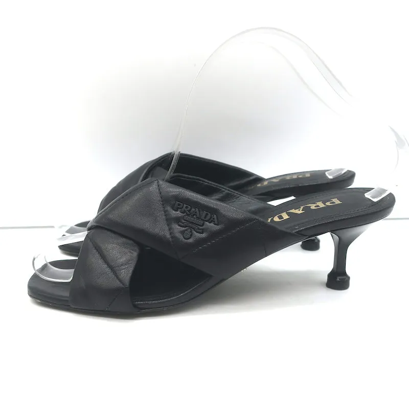 Prada Quilted Leather Mules Black Size 37 Kitten Heel Slide Sandals