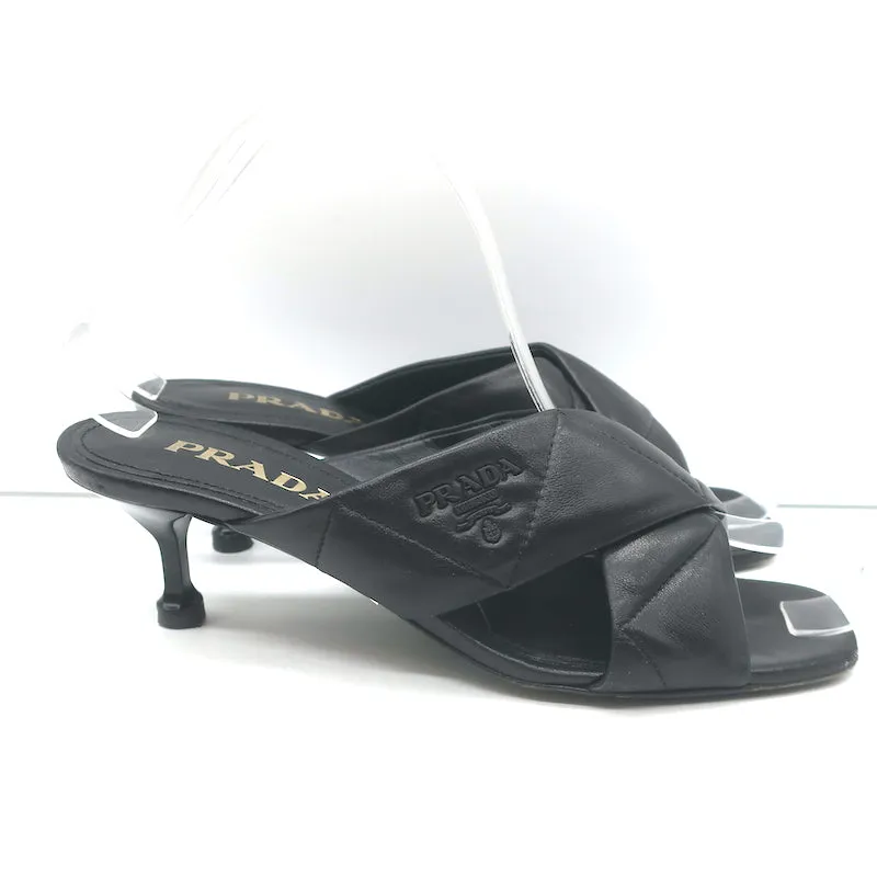 Prada Quilted Leather Mules Black Size 37 Kitten Heel Slide Sandals