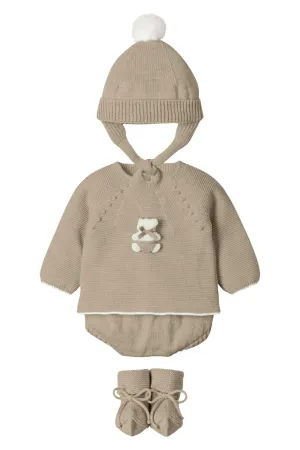 "Remi" Hazelnut Knit Teddy Top, Bloomers, Hat & Booties