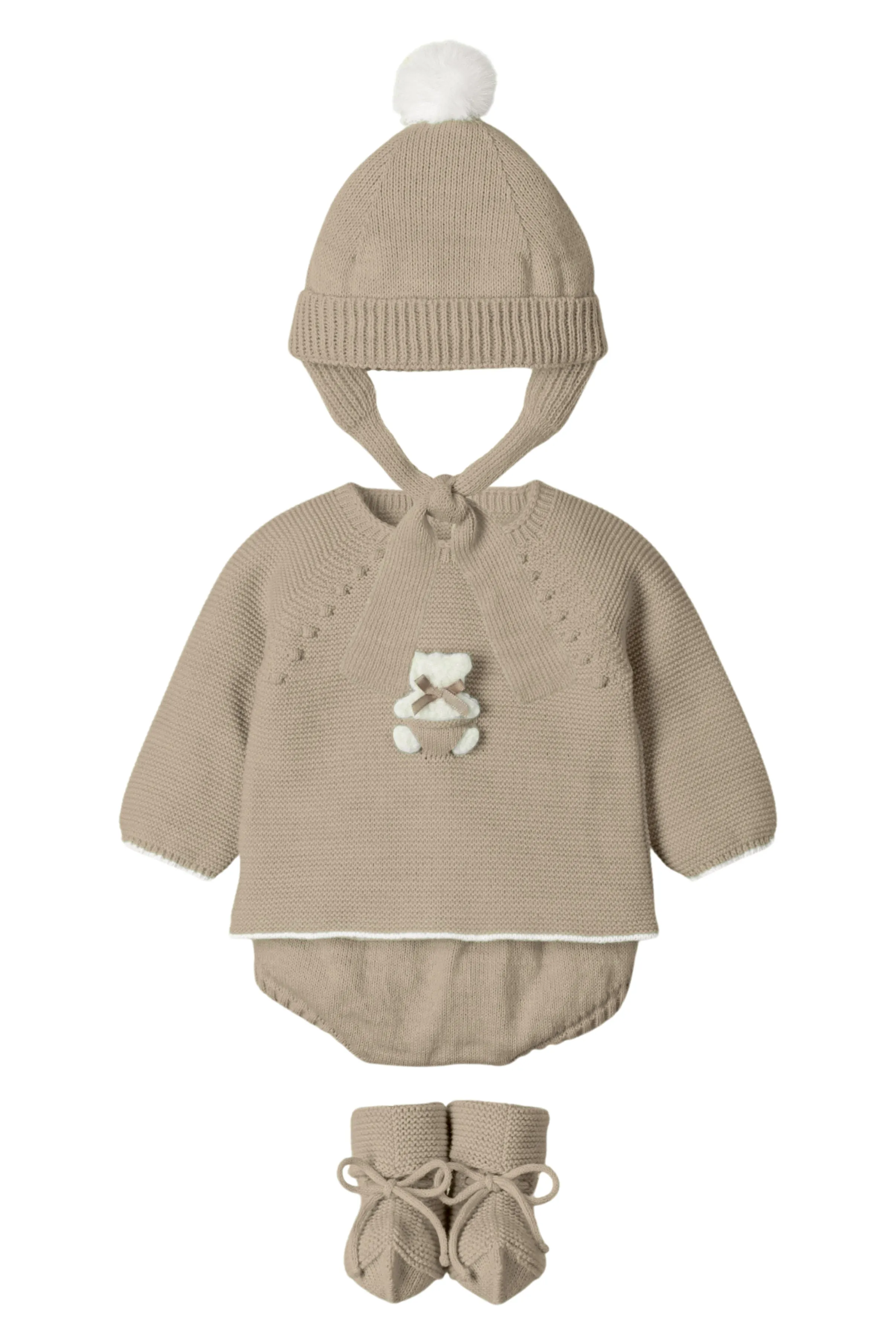 "Remi" Hazelnut Knit Teddy Top, Bloomers, Hat & Booties
