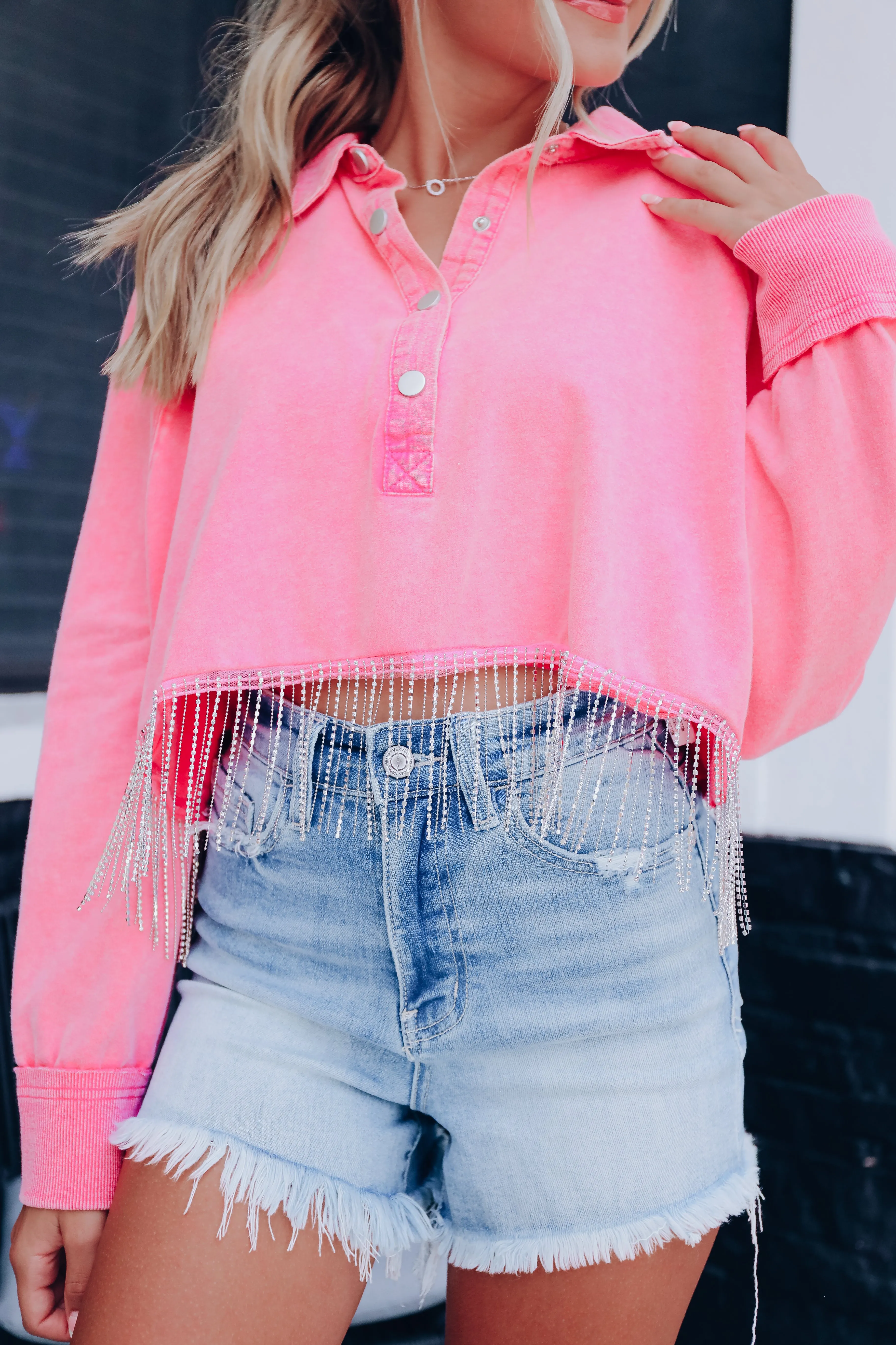 Rambler Cropped Rhinestone Fringe Pullover - Pink