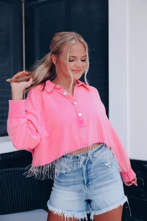 Rambler Cropped Rhinestone Fringe Pullover - Pink