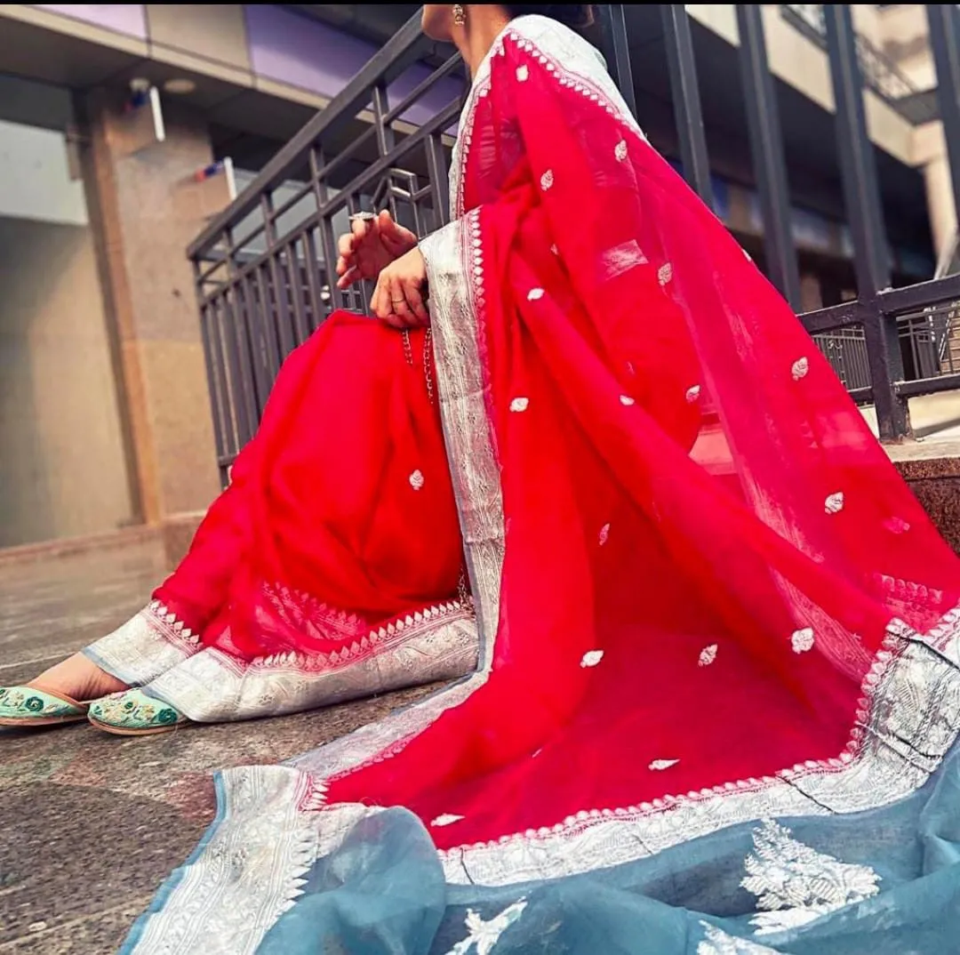 Red Grey Banarasi Khaddi Georgette Event Saree