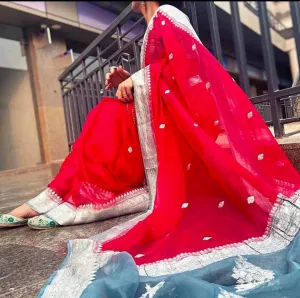 Red Grey Banarasi Khaddi Georgette Event Saree