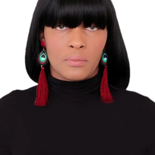 Red Long Peacock Tassel Earrings