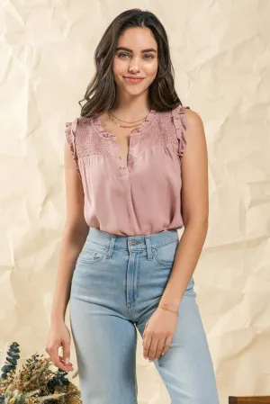 RUCHED SLEEVELESS WOVEN TOP