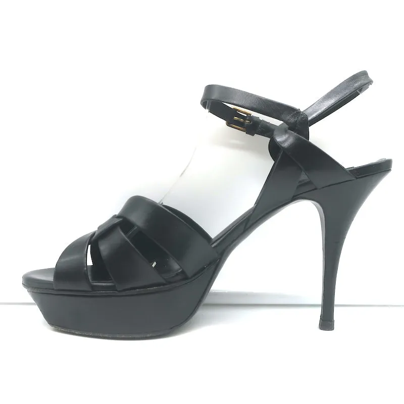 Saint Laurent Tribute 75 Platform Sandals Black Leather Size 40 T-Strap Heels