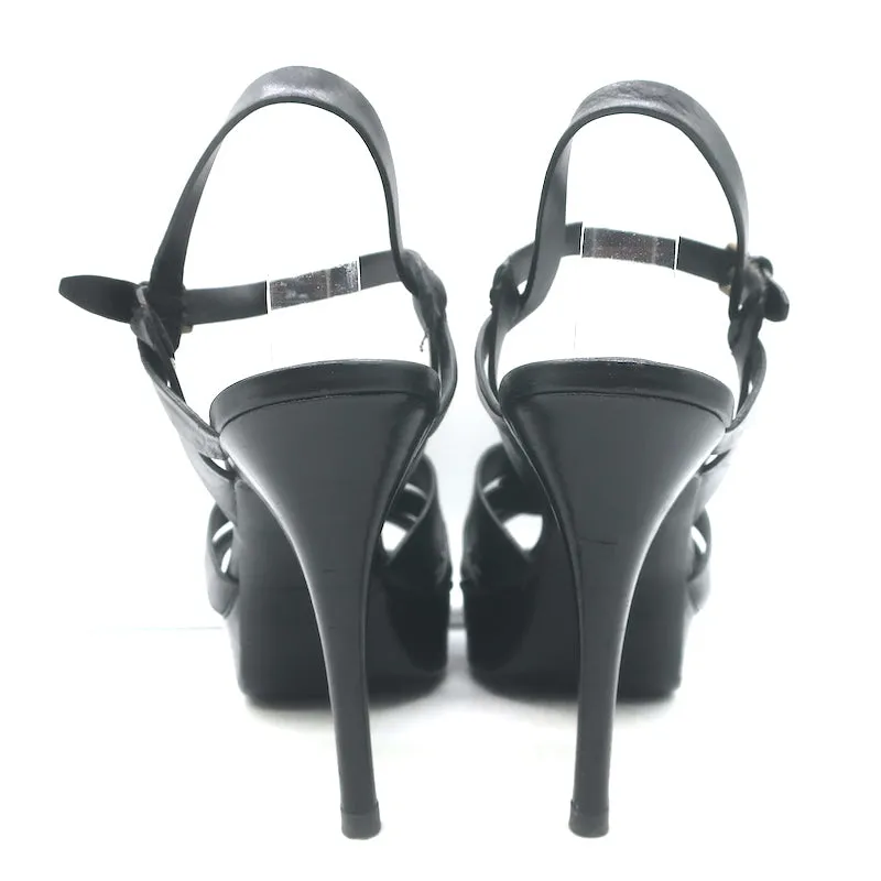 Saint Laurent Tribute 75 Platform Sandals Black Leather Size 40 T-Strap Heels
