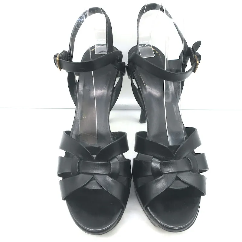 Saint Laurent Tribute 75 Platform Sandals Black Leather Size 40 T-Strap Heels