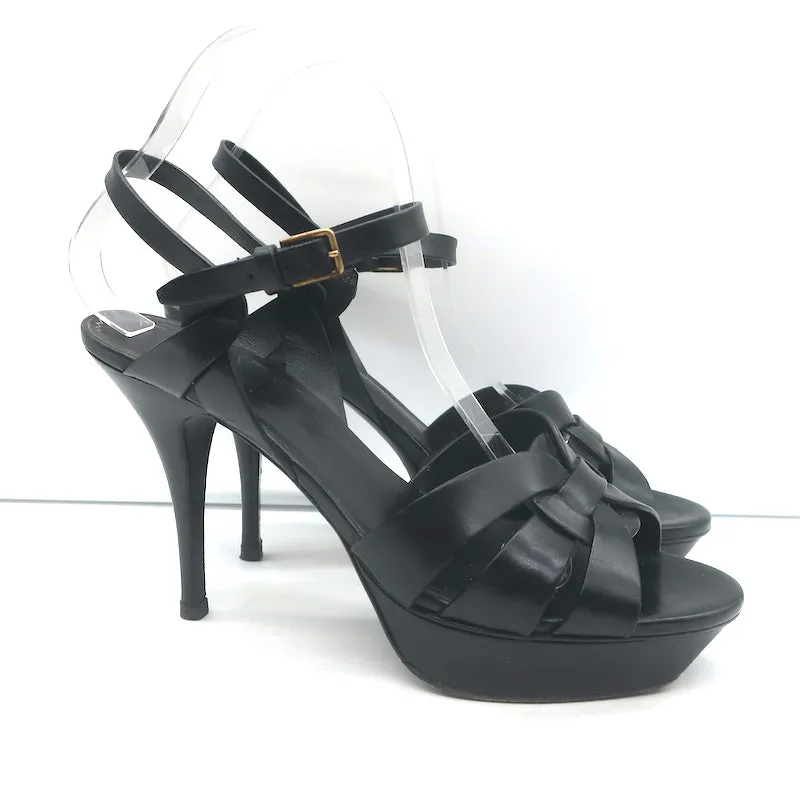 Saint Laurent Tribute 75 Platform Sandals Black Leather Size 40 T-Strap Heels