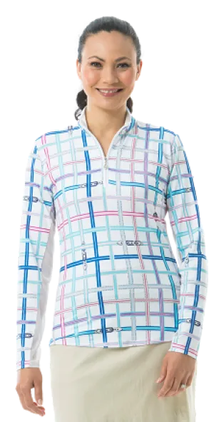 SanSoleil SolCool Print Zip Mock. 900463  Grosgrain Plaid Blue and Pink
