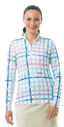 SanSoleil SolCool Print Zip Mock. 900463  Grosgrain Plaid Blue and Pink