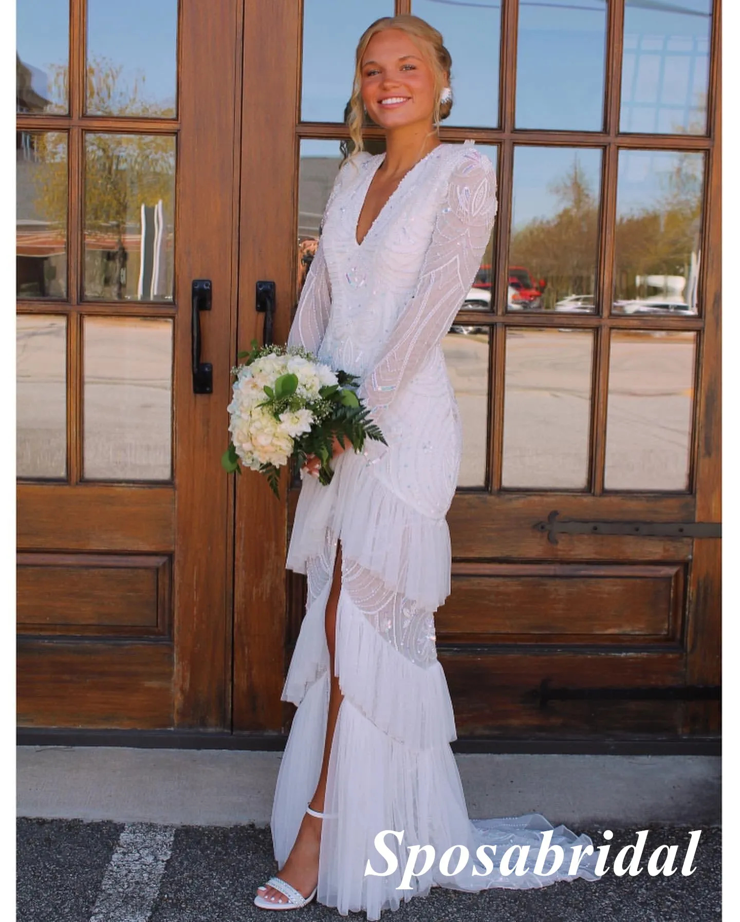 Sexy V-Neck Long Sleeves Open Back Side Slit Mermaid Long Prom Dresses, PD3936