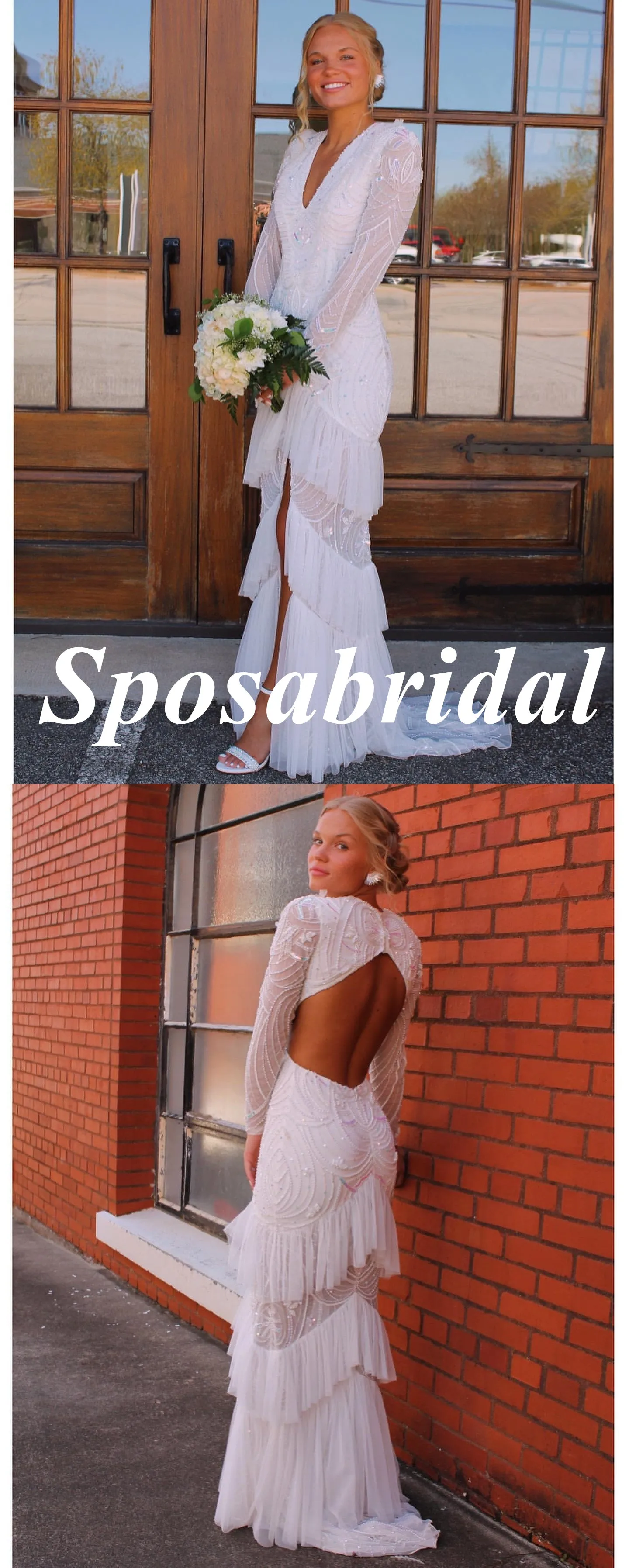 Sexy V-Neck Long Sleeves Open Back Side Slit Mermaid Long Prom Dresses, PD3936