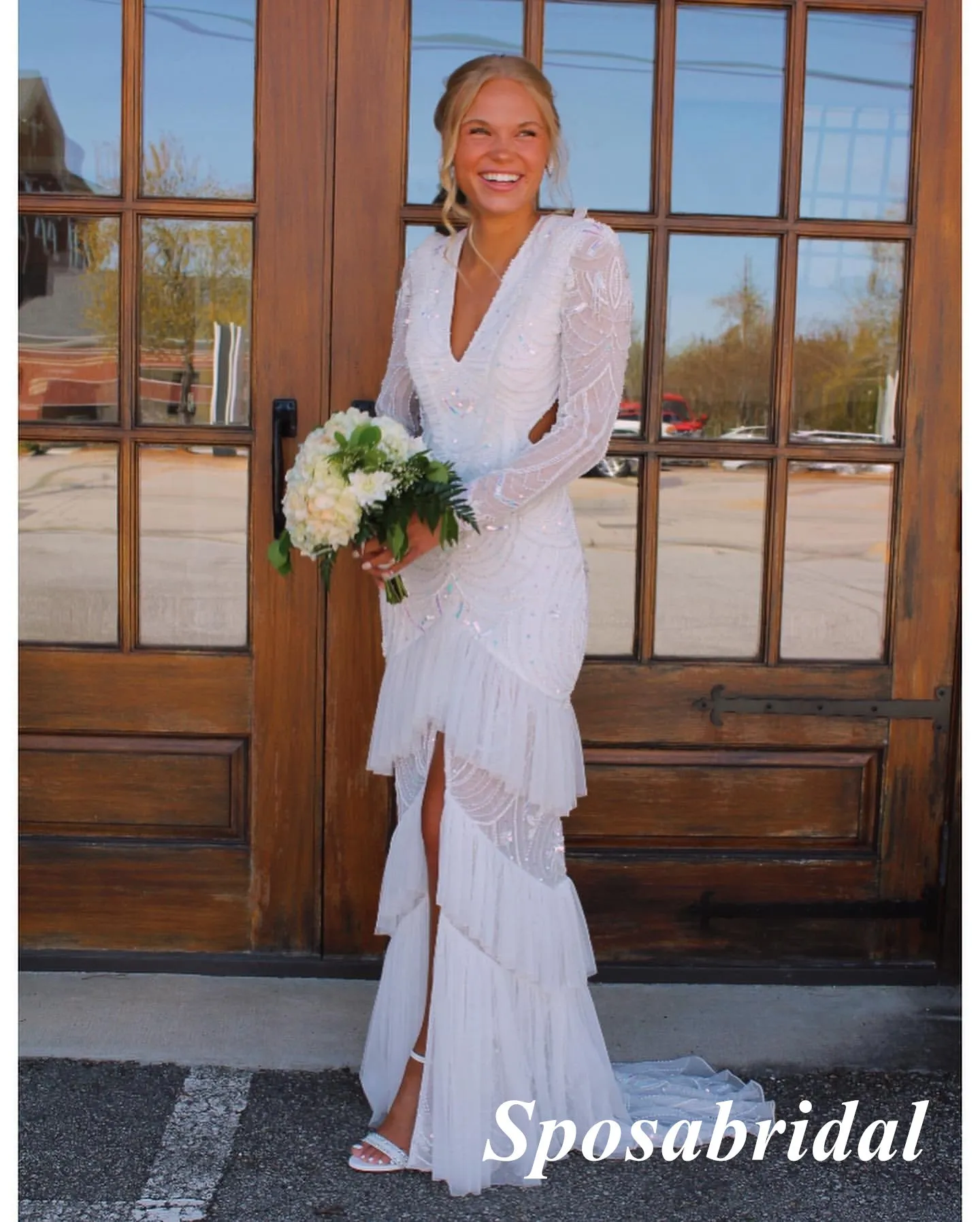 Sexy V-Neck Long Sleeves Open Back Side Slit Mermaid Long Prom Dresses, PD3936