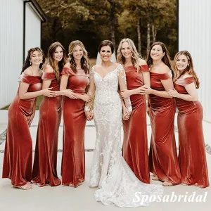 Sexy Velvet Off Shoulder Mermaid Floor Length Bridesmaid Dresses, BD3368