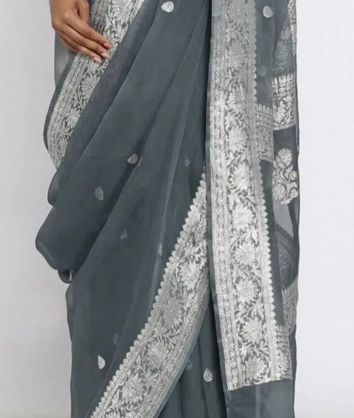 Snow Grey Banarsi Jaal Khaddi Chiffon Saree