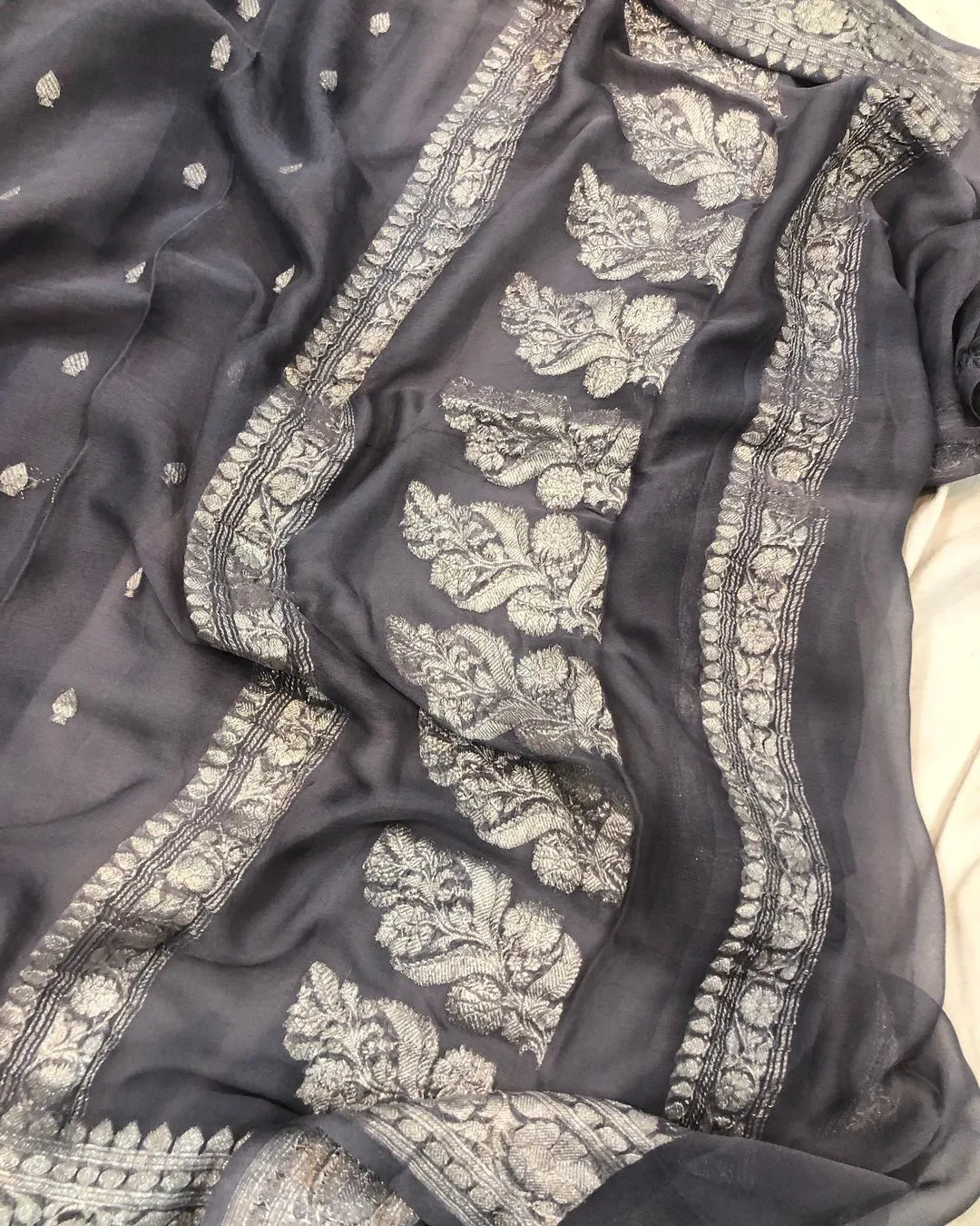 Snow Grey Banarsi Jaal Khaddi Chiffon Saree