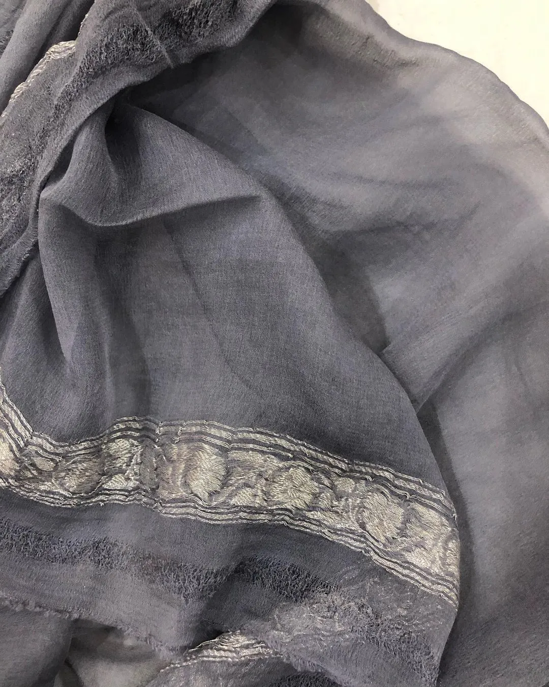 Snow Grey Banarsi Jaal Khaddi Chiffon Saree