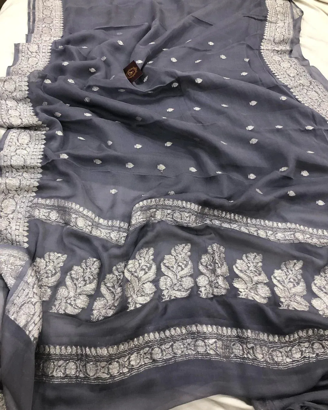 Snow Grey Banarsi Jaal Khaddi Chiffon Saree