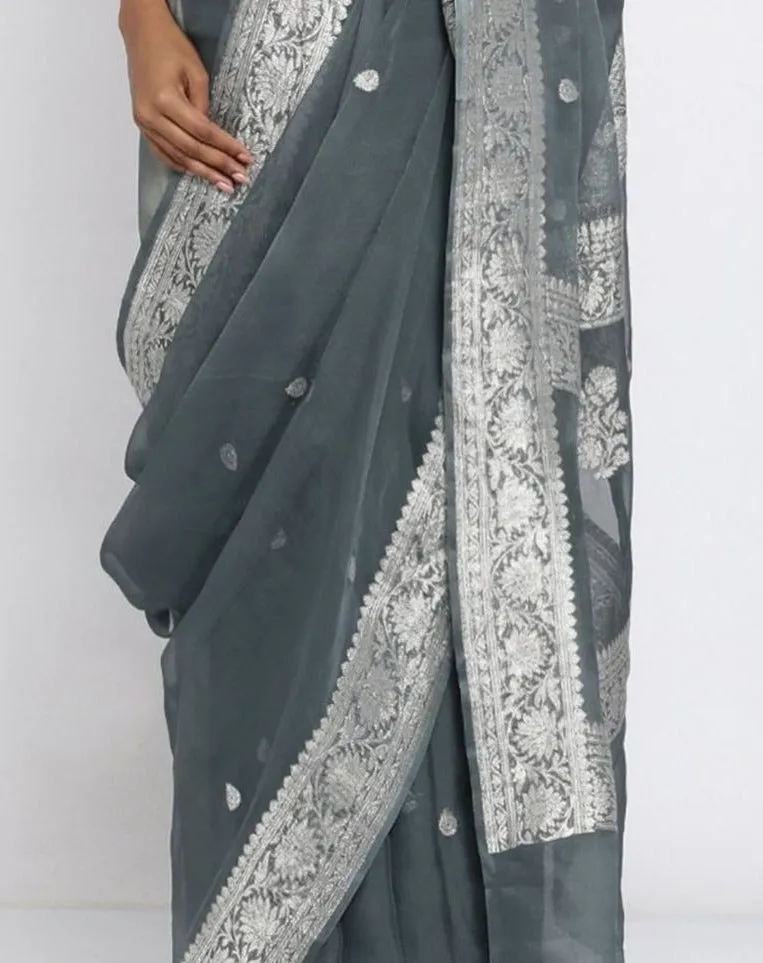 Snow Grey Banarsi Jaal Khaddi Chiffon Saree