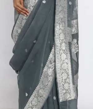 Snow Grey Banarsi Jaal Khaddi Chiffon Saree
