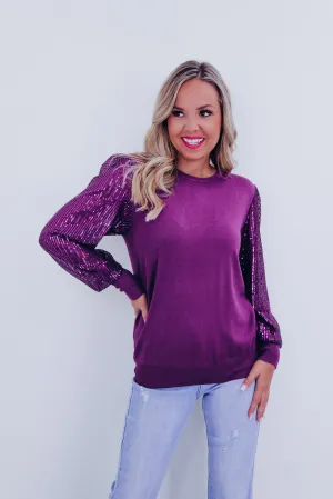 Sophia Sheer Sequin Sleeve Sweater - Purple