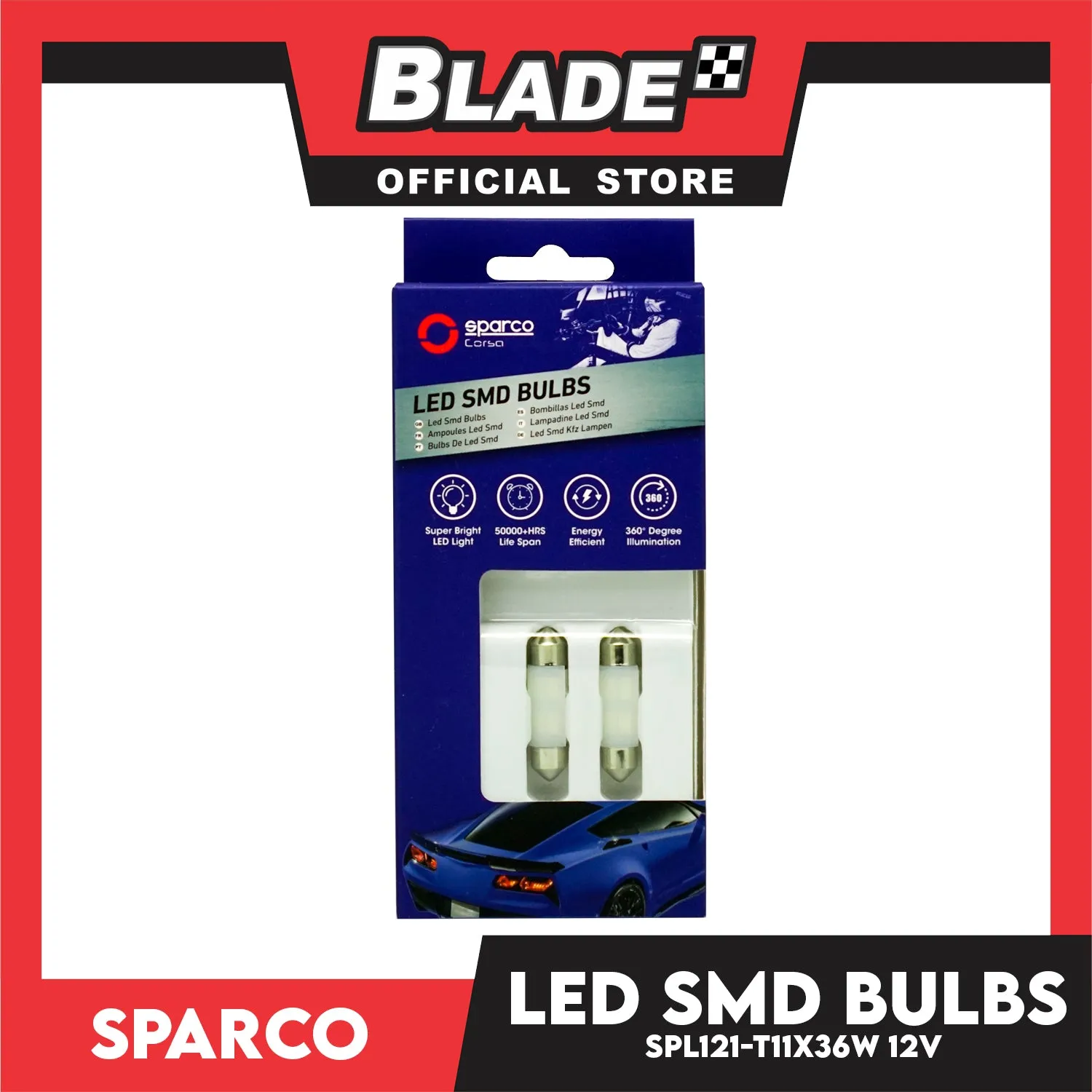 Sparco Led Smd Bulbs SPL121 T11X 36 SV.5 Festoon (Set of 2) Use for Signal, Dome, Plate Number and Dashboard Light