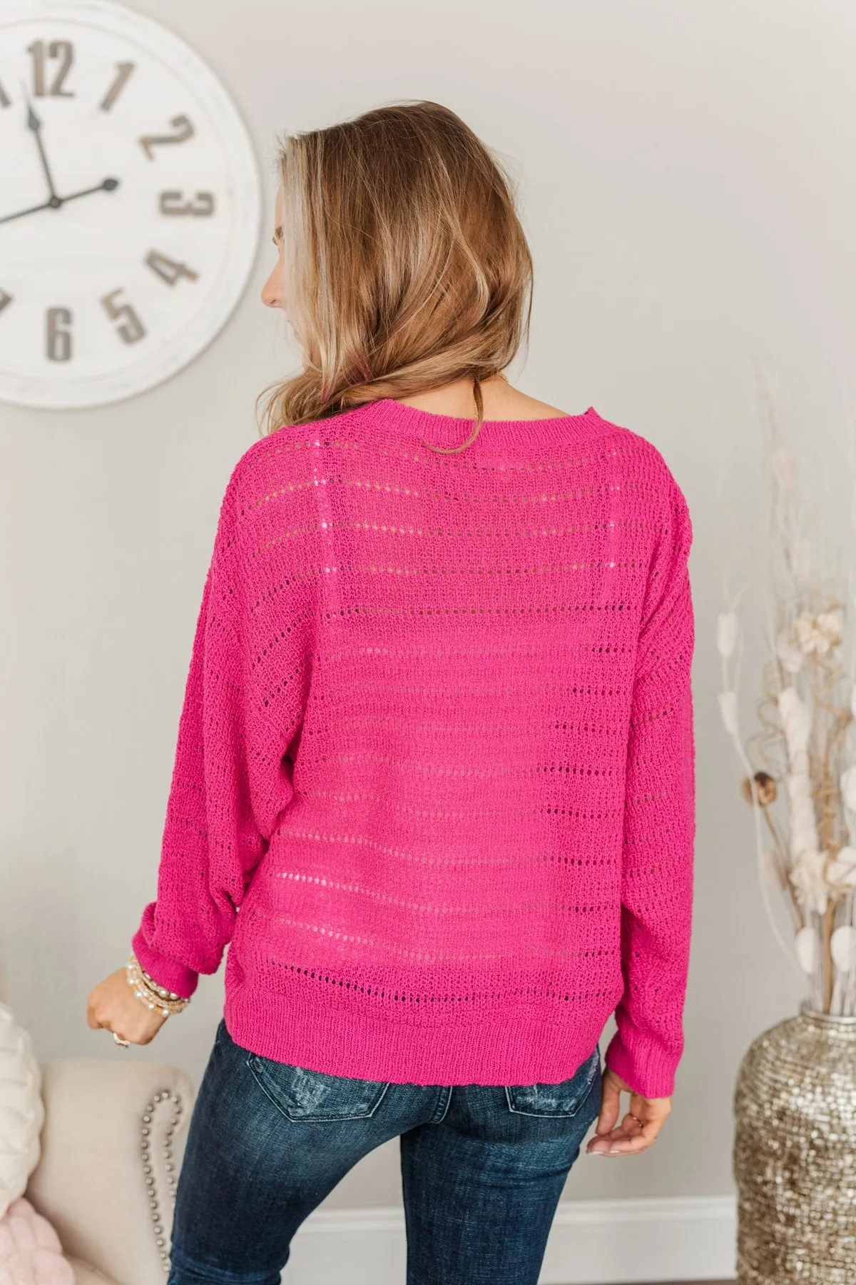 Stay Bright Pointelle Knit Sweater- Hot Pink