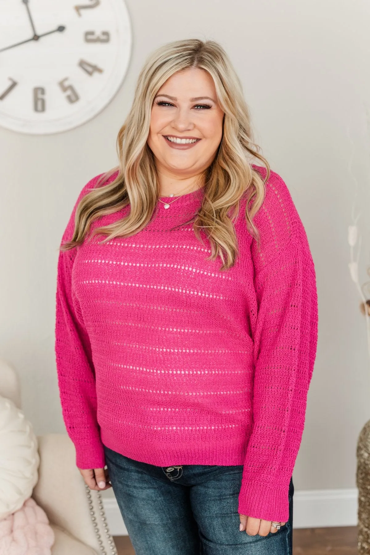 Stay Bright Pointelle Knit Sweater- Hot Pink