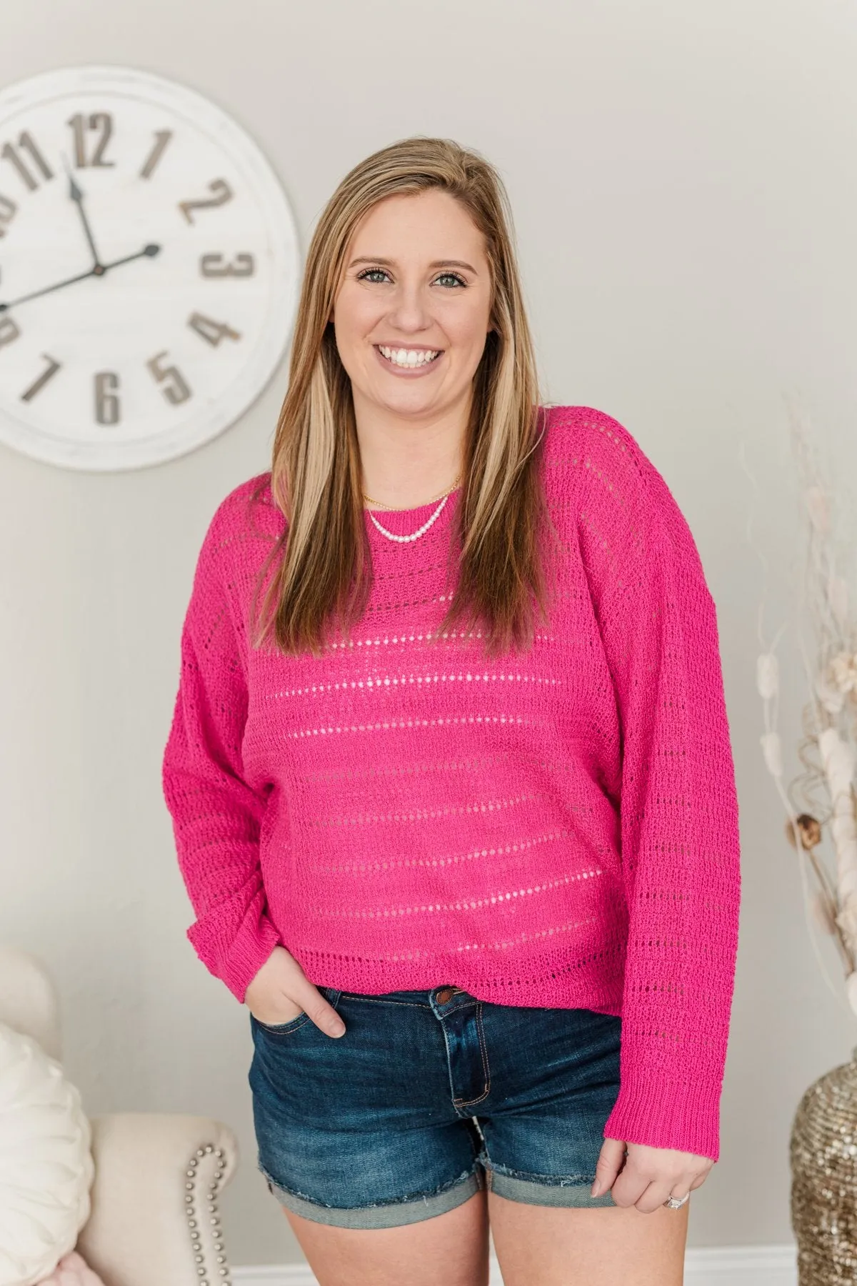 Stay Bright Pointelle Knit Sweater- Hot Pink