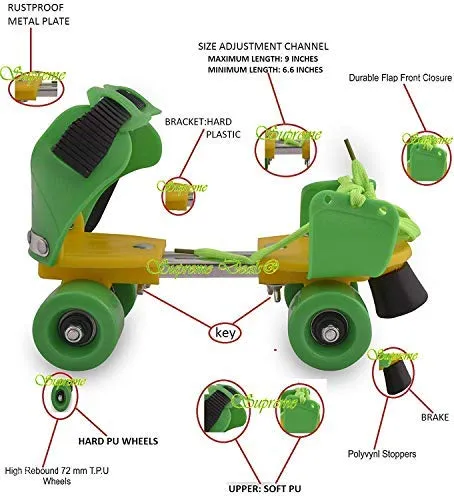 Supreme Deals Designed Plastic Adjustable Inline Roller Skates/Skating Shoe with Front Break for Kids (Green, 4-12 Years)