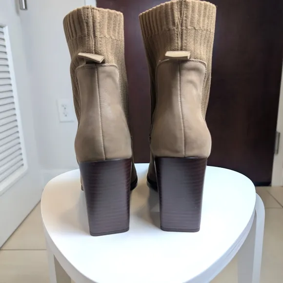 Tan Knit Block Heel Square Toe Ankle Booties 10