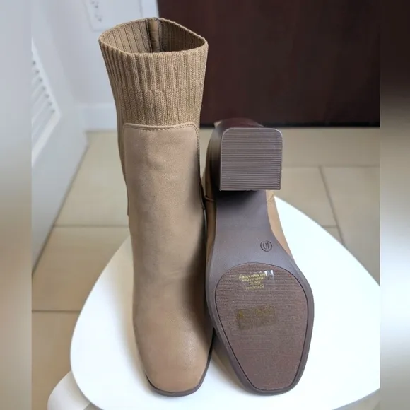 Tan Knit Block Heel Square Toe Ankle Booties 10