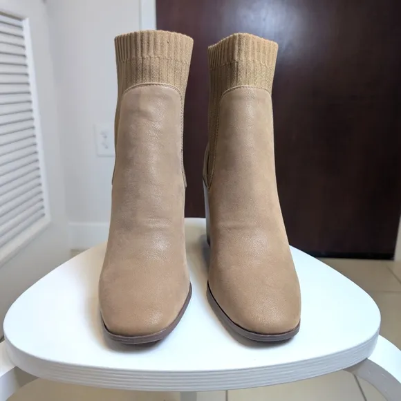 Tan Knit Block Heel Square Toe Ankle Booties 10
