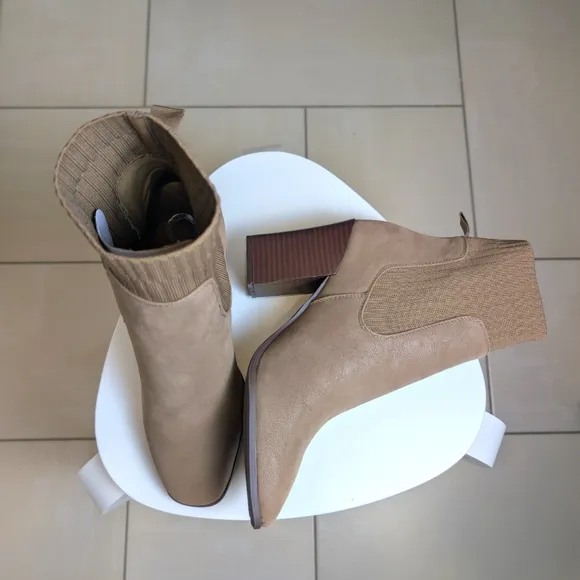 Tan Knit Block Heel Square Toe Ankle Booties 10