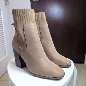 Tan Knit Block Heel Square Toe Ankle Booties 10