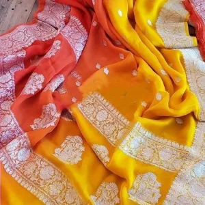 Trending Orange Yellow Ombre Buti Banarasi Saree