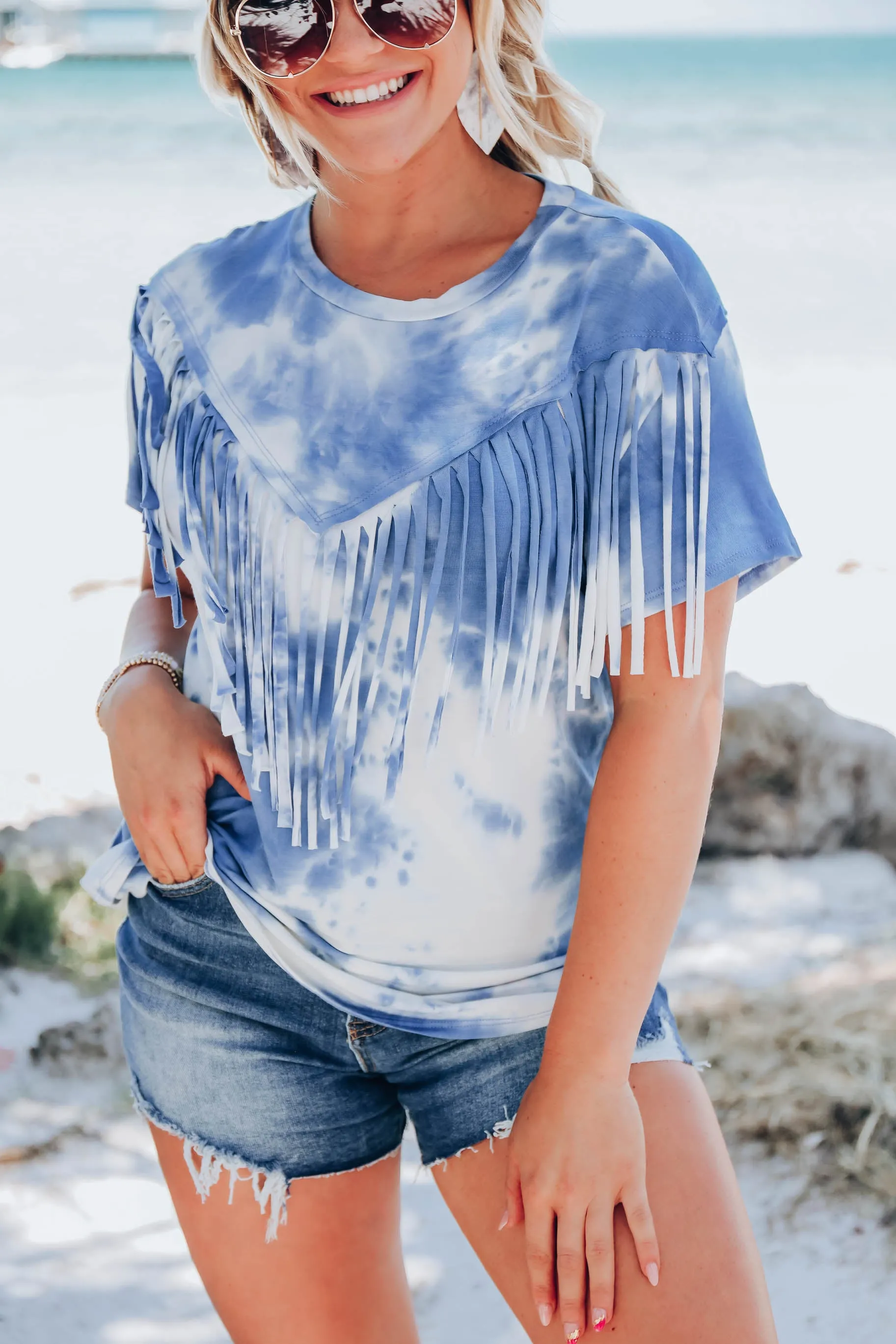 Trent Fringe Bleach Wash T-Shirt - Blue