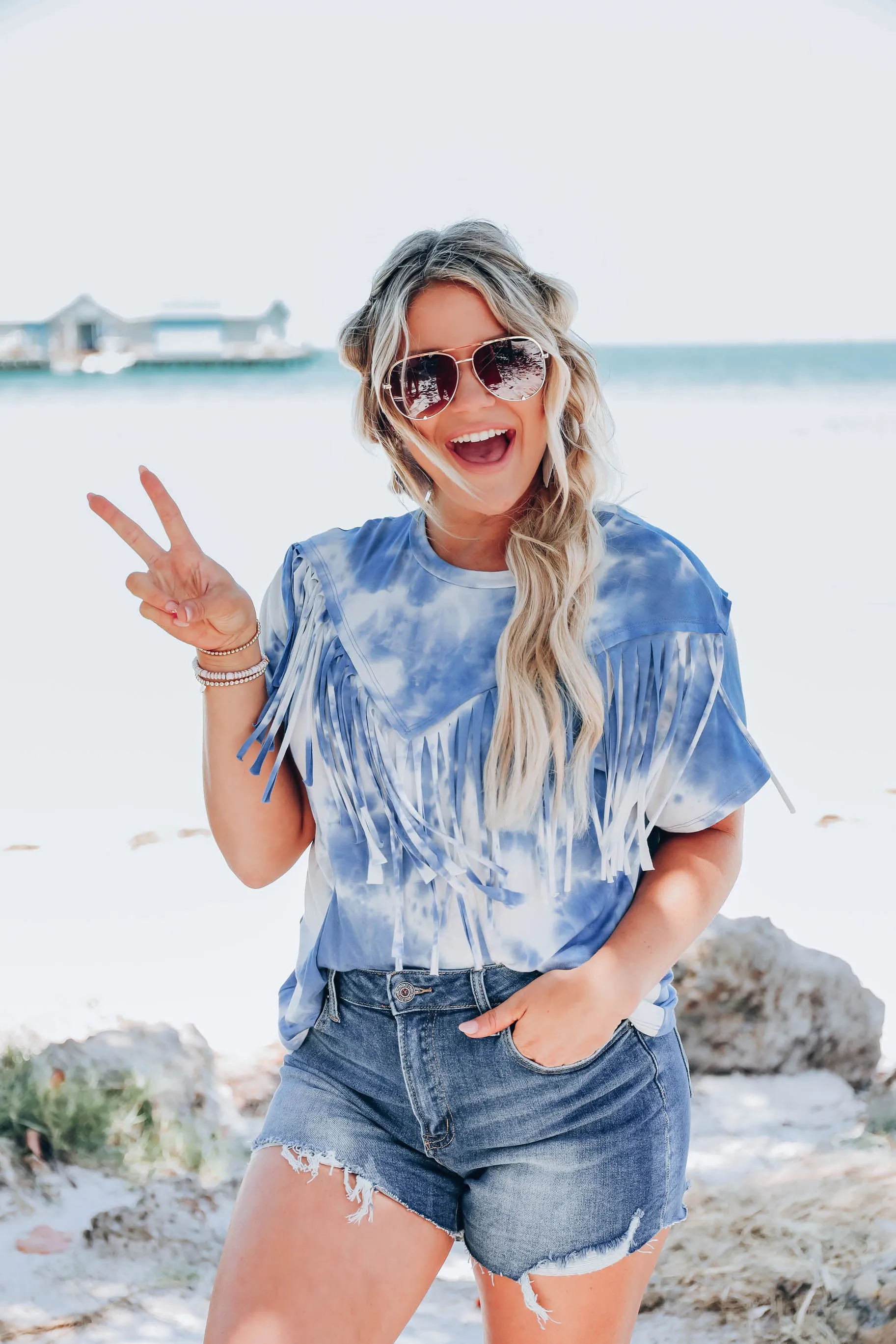 Trent Fringe Bleach Wash T-Shirt - Blue