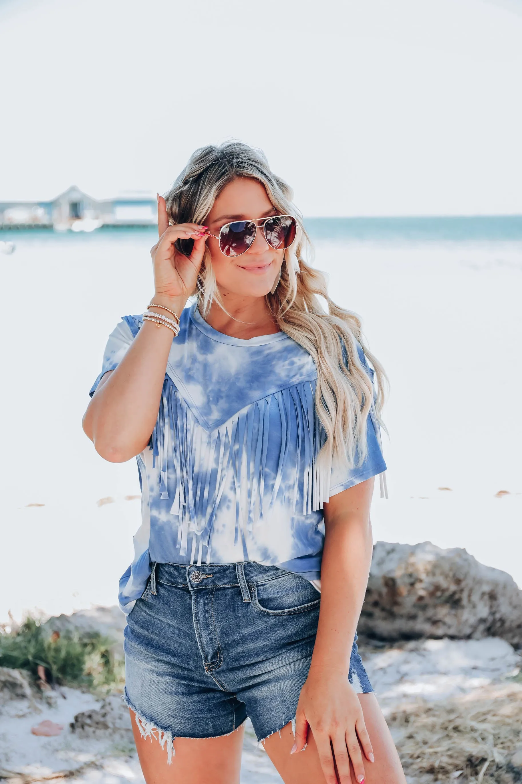 Trent Fringe Bleach Wash T-Shirt - Blue