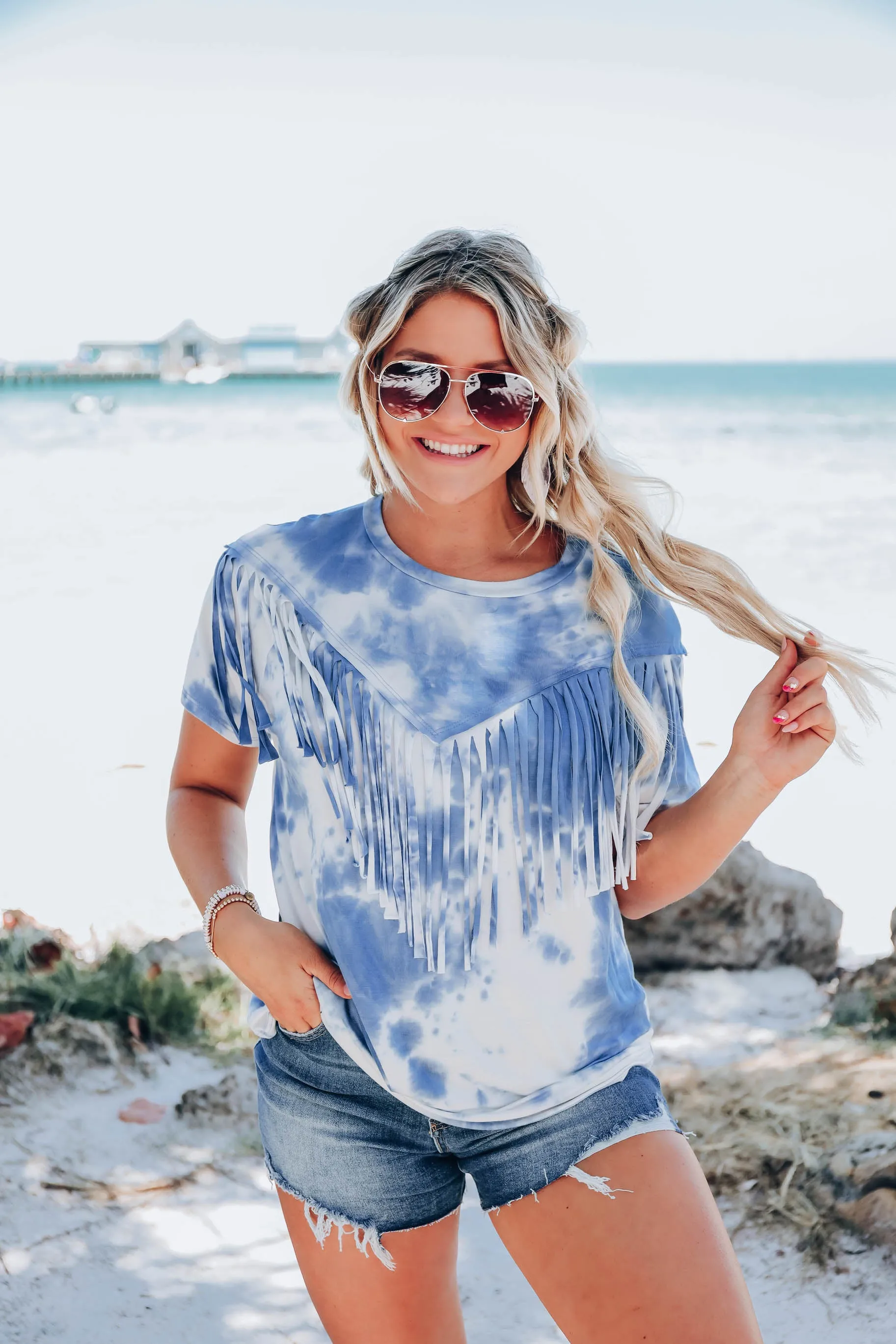 Trent Fringe Bleach Wash T-Shirt - Blue